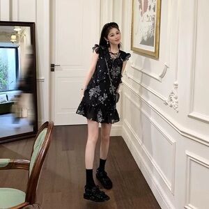 Black Floral Ruffle Mini Dress
